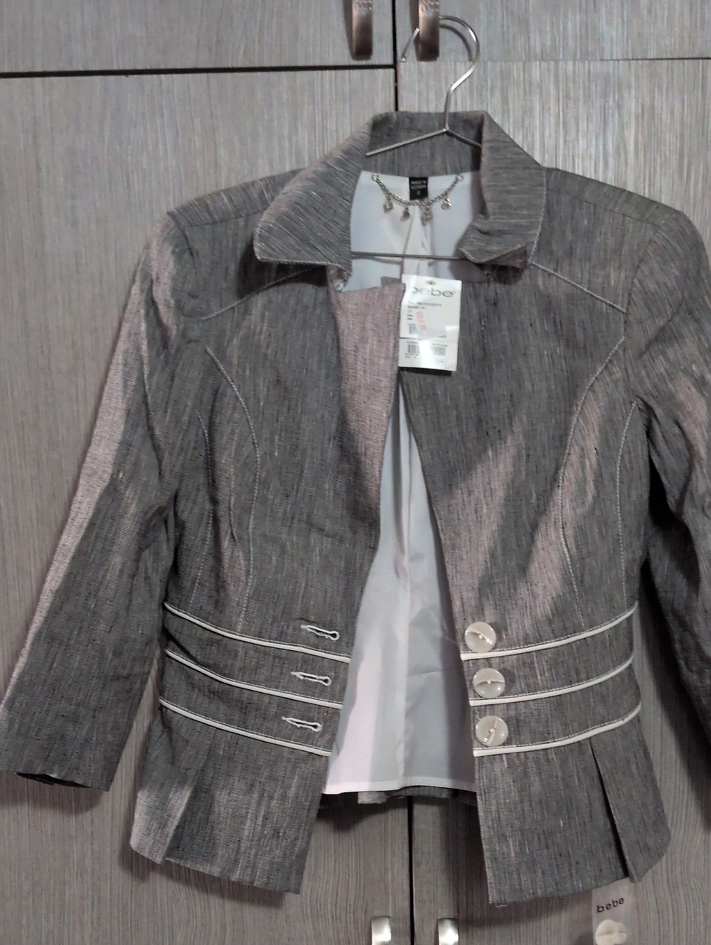bebe Women's Gray Cropped Pinstripe Blazer with Decorative Buttons